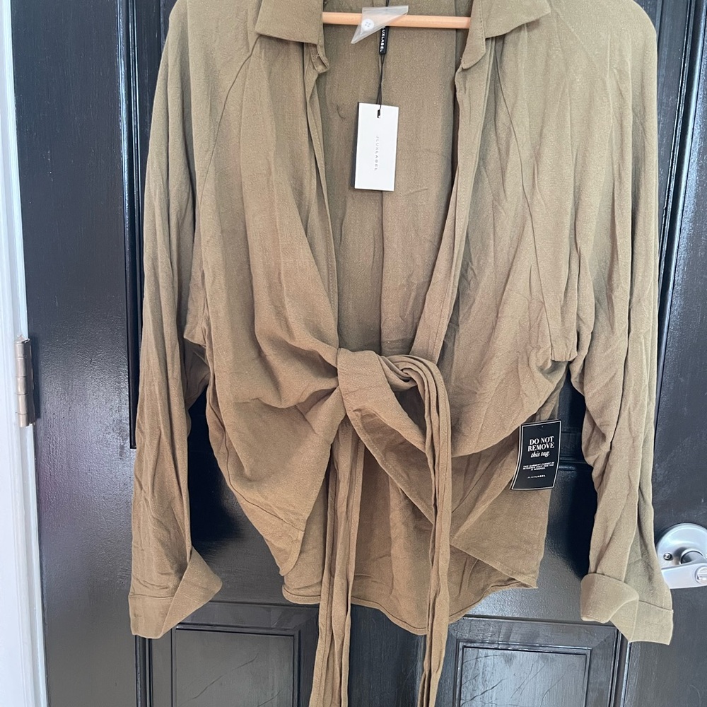 JLUXLABEL Khaki Tie-Front Blouse